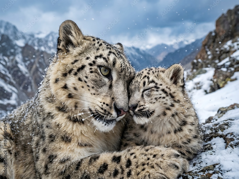 Obraz premium Snow Leopard Mother and Cub Nuzzling in Himalayan Mountains