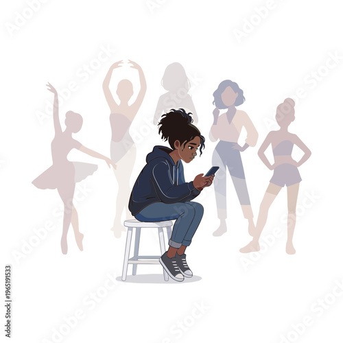 A young man sits on a stool looking at his phone with several dancing women behind him.