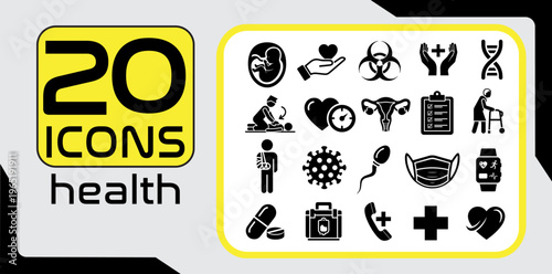 Set of 20 Health and Medical Care Black Glyph Icons Vector Illustration