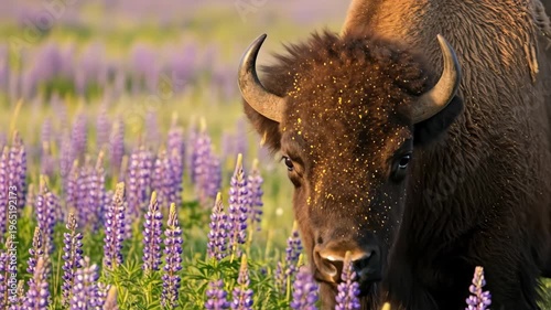 Tracking slow motion close up of bison grazing through lupine meadow at sunrise in golden light
