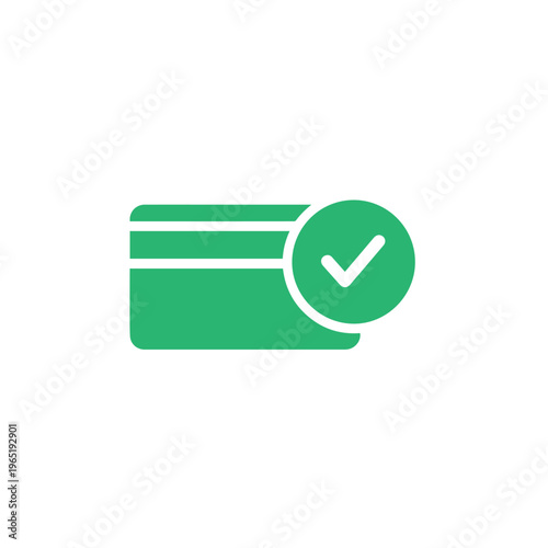 A bright pink credit card symbol features a prominent white checkmark indicating successful transaction confirmation.