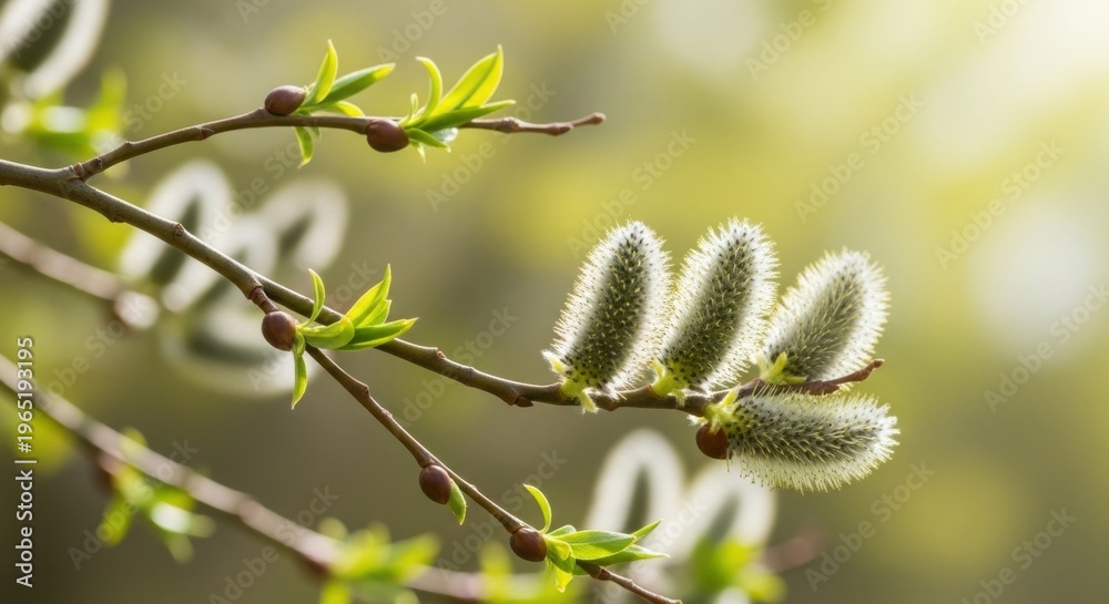 Fototapeta premium Willow branches with fluffy catkins and young fresh green leaves. Spring nature scene with budding plant in forest. Symbol of renewal and Easter season. Macro detail of seasonal growth.