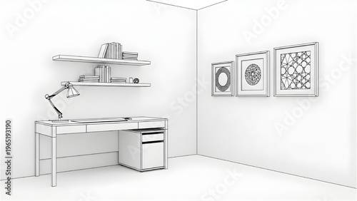 Home office decor blueprint, CAD plan, desk lamp placement, wall decorations layout, interior furniture arrangement, 3D architectural design