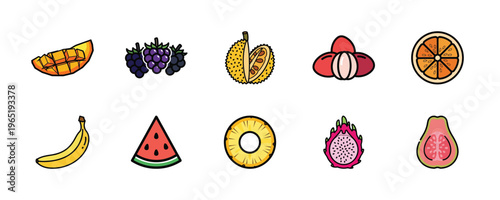 Tropical and Exotic Fruit solid icon set containing icons for Mango Grapes Durian Lychee Orange Banana Watermelon Pineapple Dragon Fruit and Guava for food industry applications