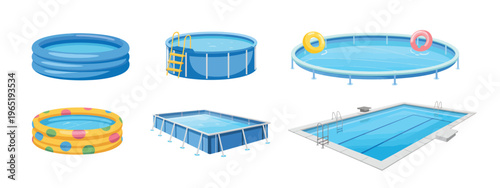Swimming pools cartoon illustration collection, featuring various types of inflatable and outdoor pools for summer activities, flat vector artwork for party, recreation, entertainment