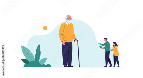 Heartwarming scene showing an elderly grandfather with a walking cane standing with two grandchildren in a minimal flat style.