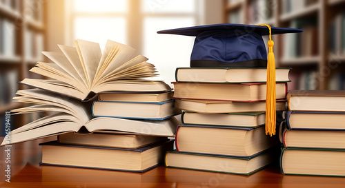 Multiple stacks of varied books, including an open volume with fanned pages and a distinctive blue graduation cap featuring a golden tassel, symbolize the profound journey of education, continuous lea