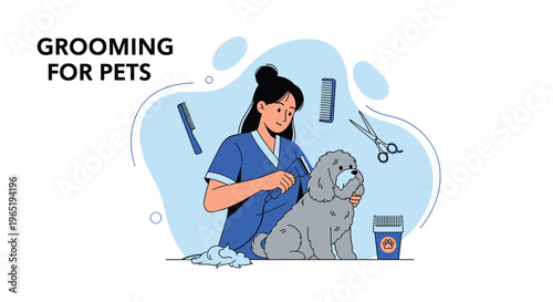 Professional pet groomer woman cutting the hair of a small gray dog with scissors and combs in a modern flat illustration.