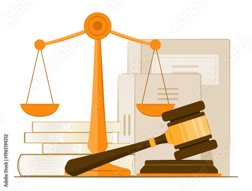Gavel with Sounding Block and Scales of Justice with Books for Judgement and Law Concept Illustration Clip Art