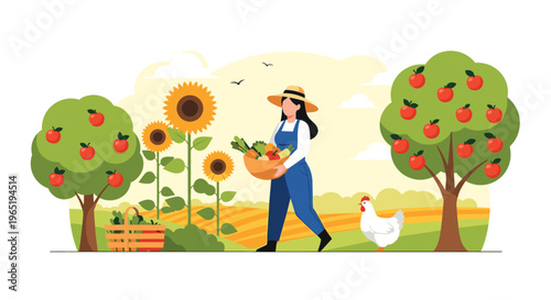 Productive farm scene with a woman in overalls harvesting fresh vegetables next to apple trees, sunflowers, and a chicken.
