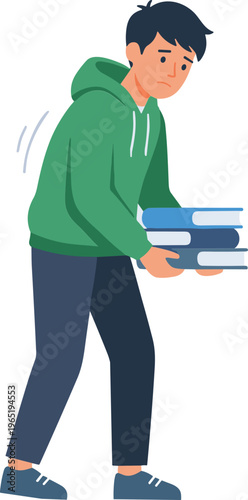 A man carrying books walks quickly in an indoor setting with a green hoodie on.