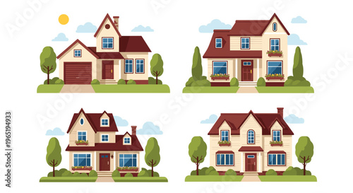 Set of four different two story suburban residential houses with gardens and trees in a clean flat vector style.