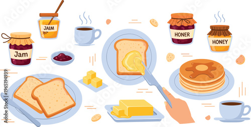 Breakfast Food Illustration Set with Toast, Butter, Jam, Honey, Pancakes and Coffee for Morning Meal Concepts, Cafe Menu Design and Healthy Lifestyle Themes