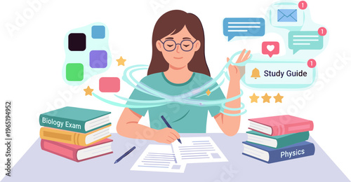 A woman studies diligently at a desk with books and papers, surrounded by educational icons and notes.
