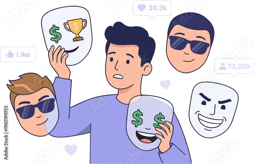 A man holds various social media masks with different reactions and emojis.