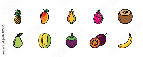Colorful fruit icons set, vector fruit illustrations, fresh produce symbols, 10 fruit graphics