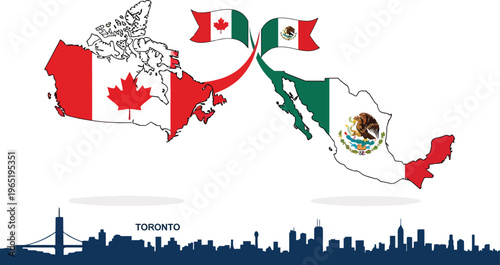 Canada and Mexico flags on country maps, international relations and trade concept vector, Toronto city skyline silhouette background