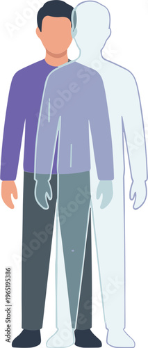 A man standing confidently beside his transparent duplicate in an urban setting