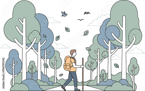 Minimalist flat line vector of man hiking in forest, male backpacker walking through woods, outdoor adventure and nature exploration illustration