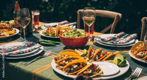 Table Setup with Gourmet Tacos and Drinks in Sunlight