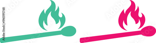 Burning matchstick vector icon set, vibrant teal and magenta flames, simple flat design illustration, fire safety symbol, energy concept graphic element