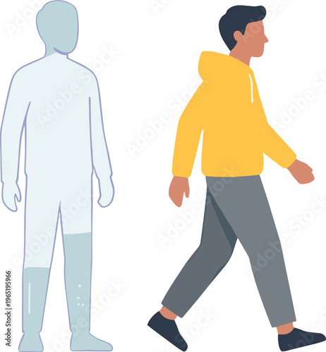 A man walks beside a transparent human outline in a casual outfit on a white background.