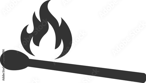 Burning matchstick vector icon, simple black flame symbol, fire starter graphic element, ignition concept illustration for safety and energy