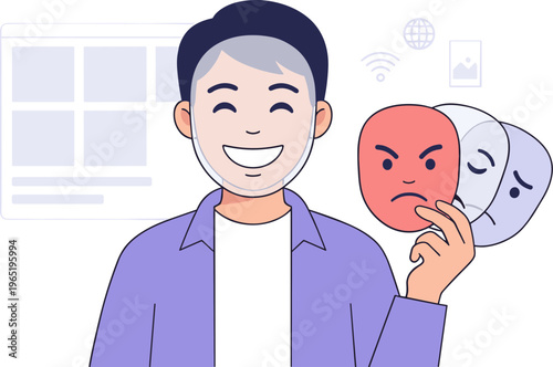 A man holds two emotive masks representing his dual emotions.