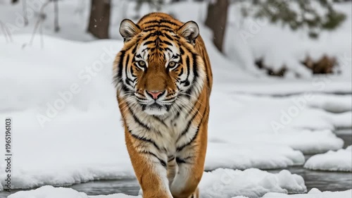 Tracking shot of tiger walking and stalking across snowy river stream in winter forest slow motion frontal approach close up tracking
