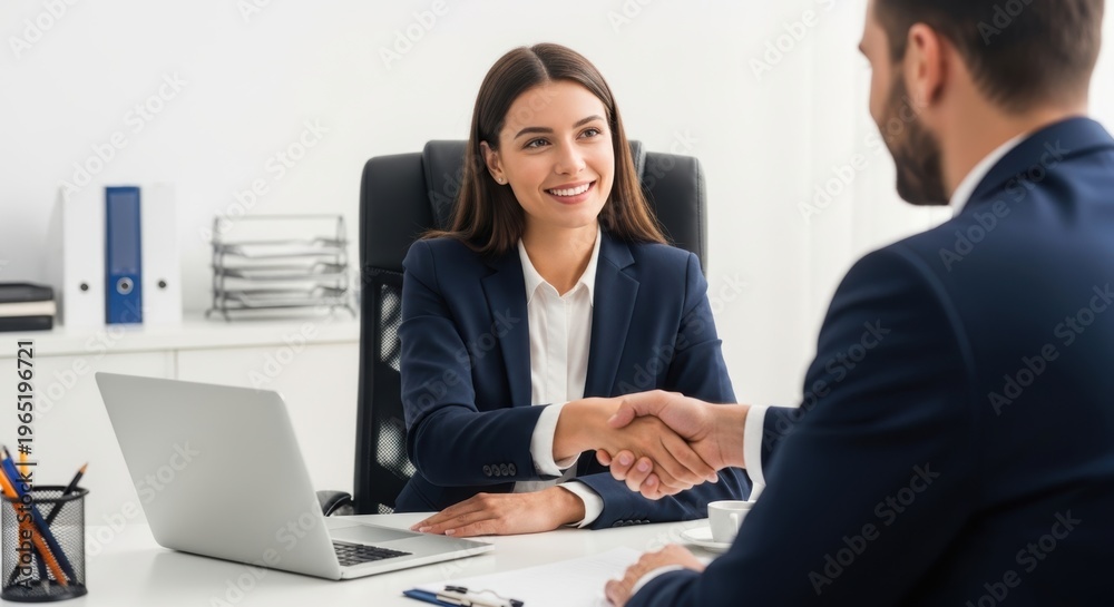 Fototapeta premium Professional woman and man discussing business over a laptop in an office setting