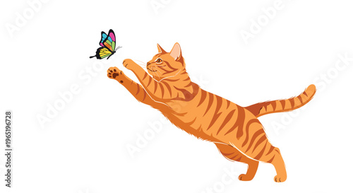 Playful orange tabby cat leaping high into the air with outstretched paws trying to catch a small colorful butterfly on a white background.