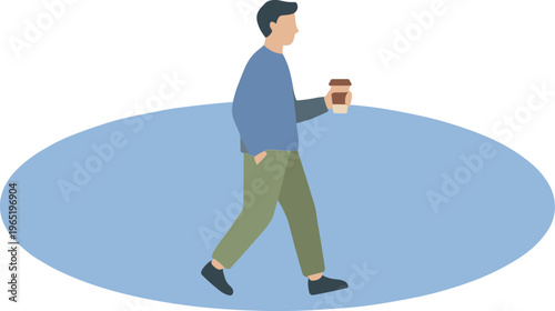Man walking while holding coffee cup in hand on blue surface