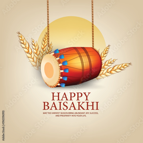 Happy Baisakhi Celebration With Smiling Punjabi Farmer Holding Wheat and Traditional Dhol Drum