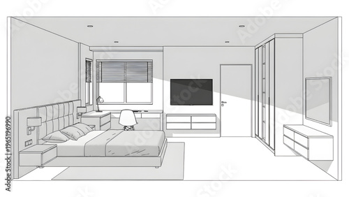 Modern master bedroom CAD elevation, furniture layout, white background, interior design, 3D architectural plan, home decor illustration