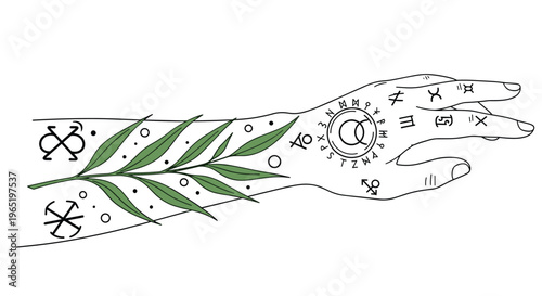 Minimalist line art illustration of a hand and forearm decorated with mystical runes and a single long green leaf branch with foliage.