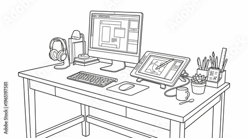 Creative workspace with computer and digital drawing tablet setup.