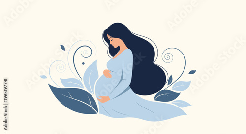 Graceful illustration of a pregnant woman with long dark hair wearing a long blue dress surrounded by decorative blue floral leaves.