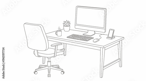 Detailed line art illustration of a modern home office workspace.