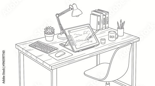 Detailed Line Art Illustration of a Modern Home Office Workspace with Digital Tablet.