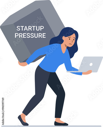 A stressed woman carries a heavy workload and uses a laptop in an office environment.