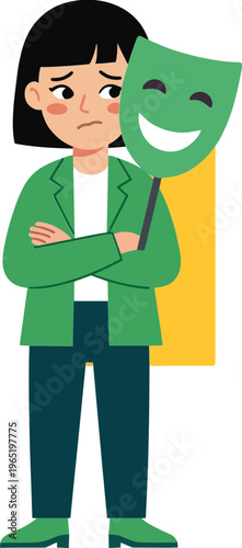 Woman holds comedy mask with sad expression in theater