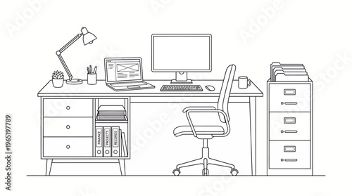 Detailed line art illustration of a modern office desk setup with computer and chair.