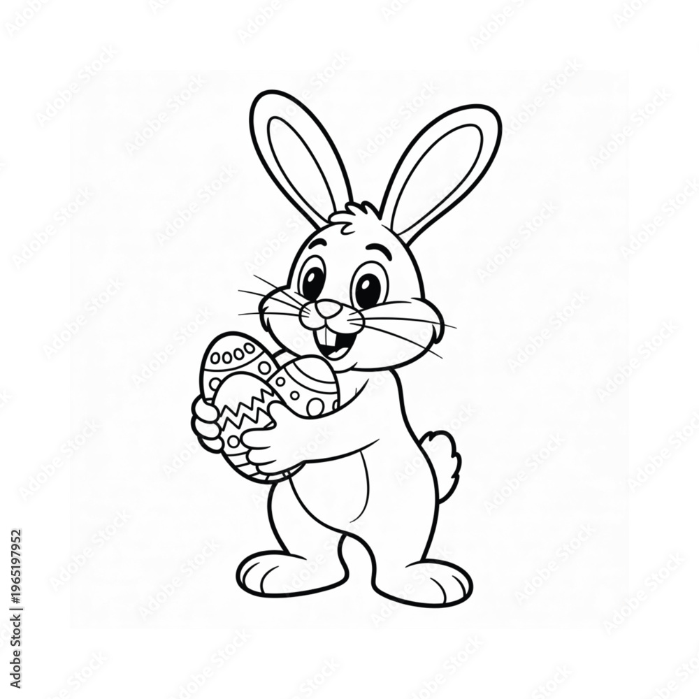 Fototapeta premium Cartoon rabbit happily holding a decorated easter egg in its paws