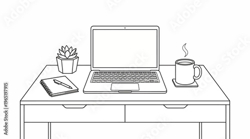 Minimalist Workspace with Laptop, Notebook, Plant, and Coffee Mug.