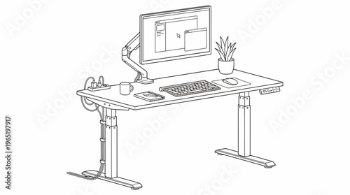 Modern Ergonomic Standing Desk Setup with Monitor and Accessories Line Art.