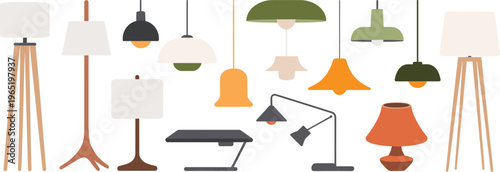Lamp collection vector set, modern floor table desk and hanging lights interior design