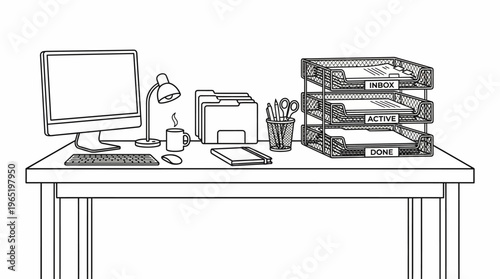 Organized Office Desk with Computer and Document Trays.