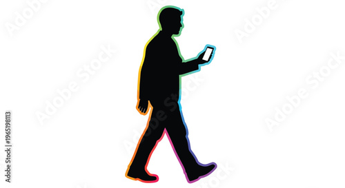 Silhouette of a businessman walking forward while intently focused on a small glowing handheld electronic device like a smartphone or tablet in a stark minimalist graphic representation