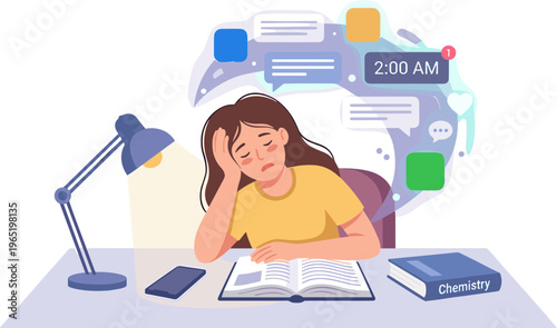 A girl studies late at night with chemistry book and phone on desk