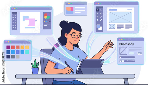 A woman designs on her laptop surrounded by editing screens and tools.